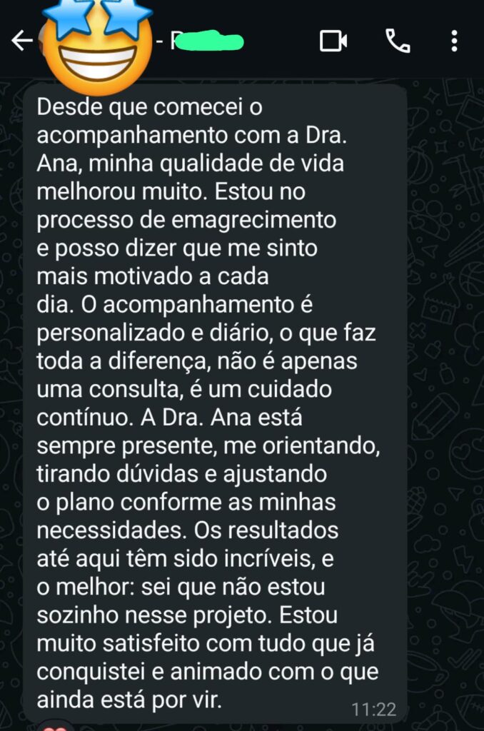 Depoimento de paciente sobre acompanhamento diário, motivação e resultados no processo de emagrecimento com a Dra. Ana Carolina