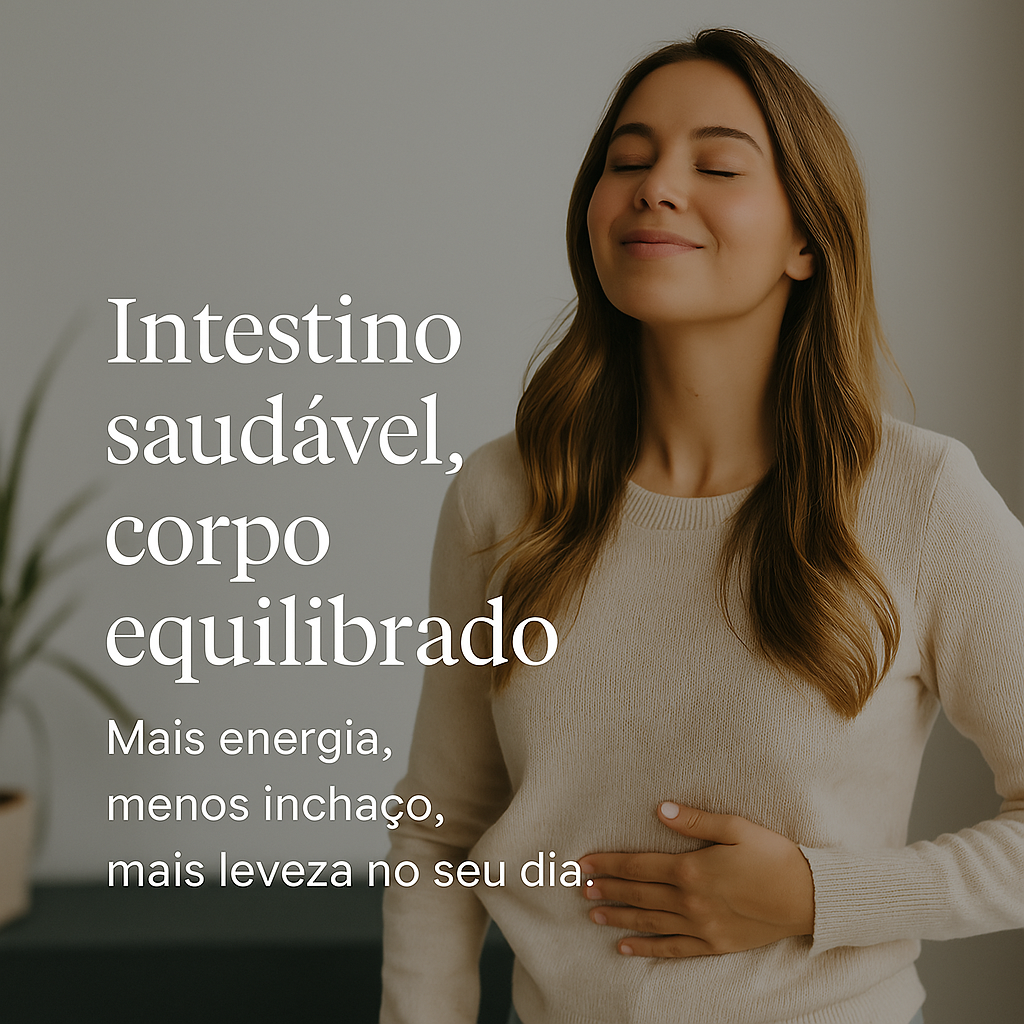 Mulher sorrindo e relaxada, com as mãos sobre o abdômen, simbolizando conforto digestivo e equilíbrio intestinal.