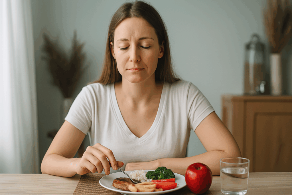 Mulher jovem, de expressão tranquila, sentada à mesa com prato saudável, refletindo sobre a alimentação consciente