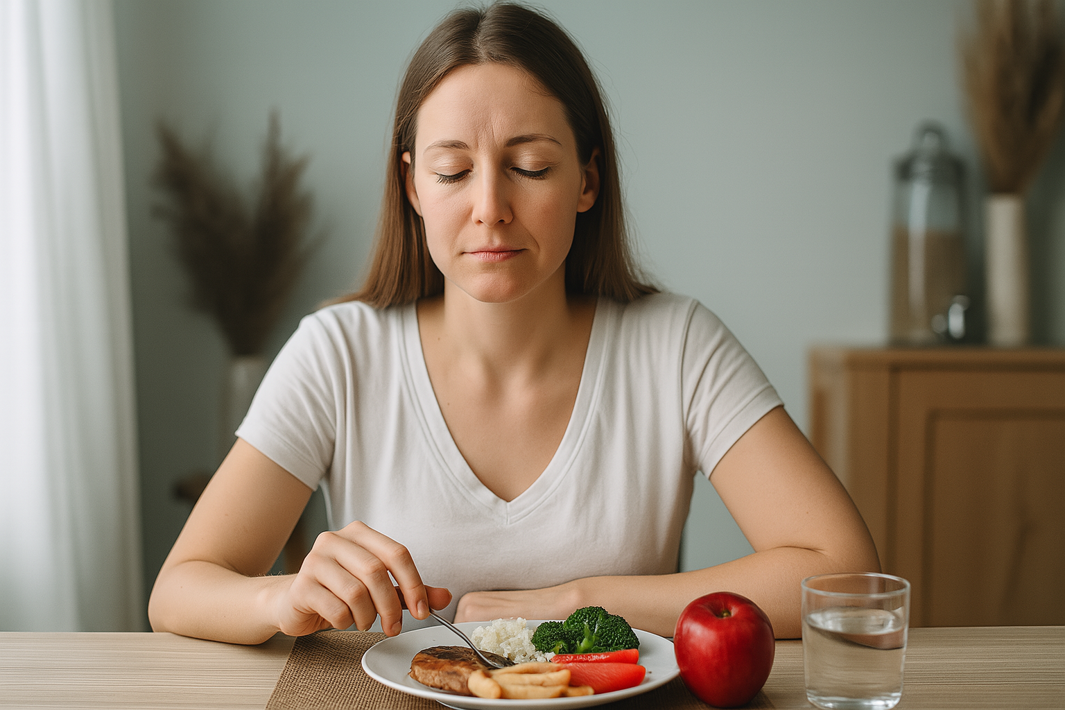 Mulher jovem, de expressão tranquila, sentada à mesa com prato saudável, refletindo sobre a alimentação consciente